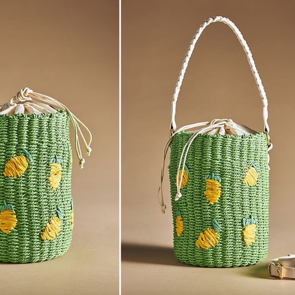Anthropologie By Anthropologie Raffia Straw Lemon Fruit Bucket Bag Green NWT - Picture 12 of 12